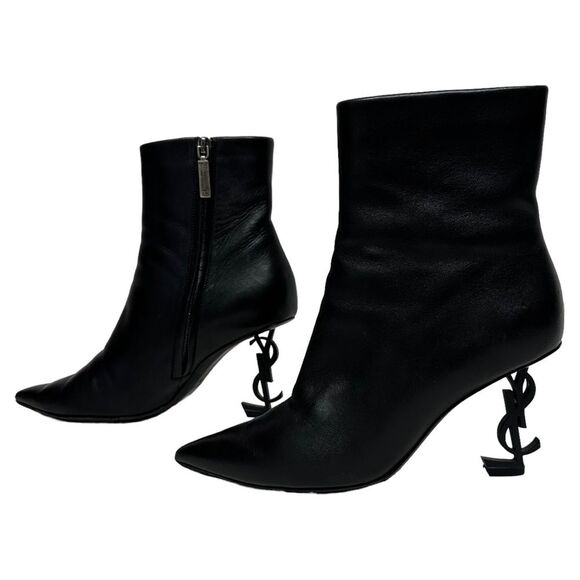 YSL Yves Saint Laurent OPYUM Logo Heel Boots Ankle Booties Black 36 5.5 6 - Picture 6 of 15